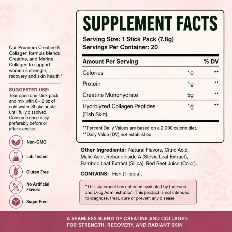 Creatine & Collagen Powder Stick Packs Supports Strength Recovery & Skin Health – Daily Nutrition Supplement 20Servings Per Bag — image 3