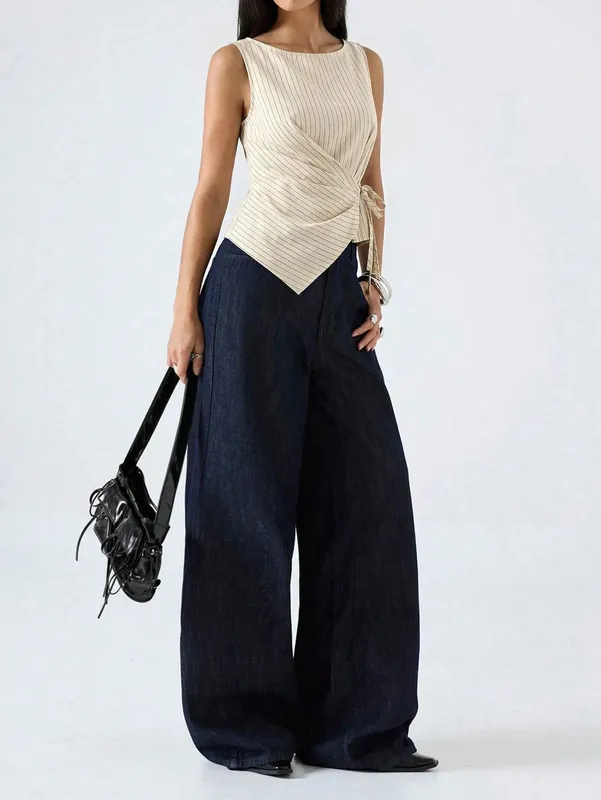 Women's Elegant Stripe Printing Slim Fit Side Tie-Strap Pleating Sleeveless Top Casual Asymmetry Hem Boat Tank Top Summer 2026