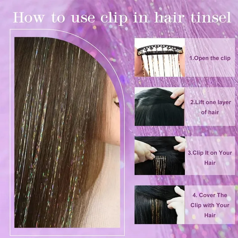 Long Straight Hair Tinsel Glitter Shiny Sparkly Synthetic Color Fresh Laser Clip in Hair Extensions Women Party Hair Accessori