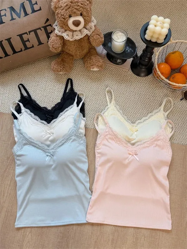 Spaghetti Strap Camis 2026 Summer Lace Ribbed Women Tank Top With Built In Bra Pads Slim Fit Crop Top For Inner & Outer Wear