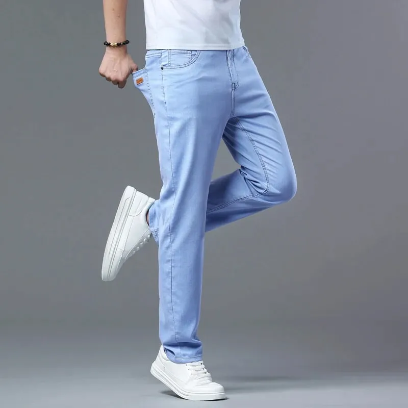 Lyocell Jeans Summer Ultra-Thin Elastic Straight Men's Denim Pants Fashion Korean Soft Drape Cool Business Casual Trousers
