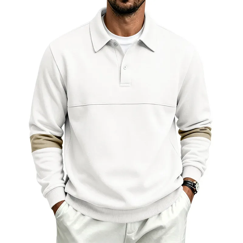 Men Lapel Polo Sweatshirt, Color Block Long Sleeve Pullover, Loose Solid Casual Top for Spring Autumn Daily Outfit