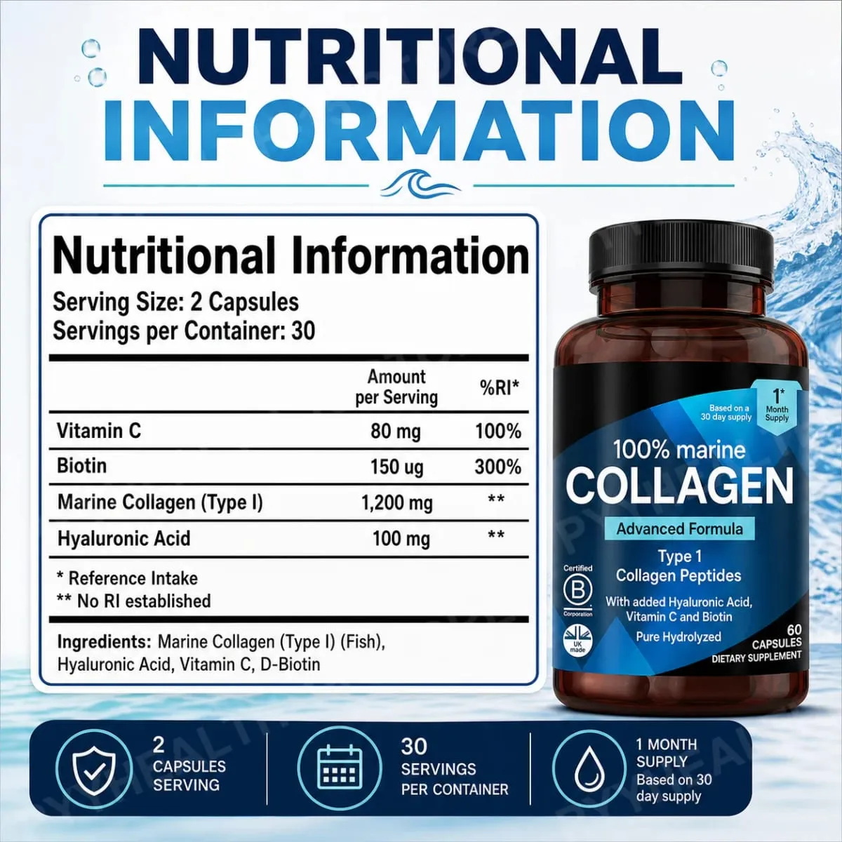 Marine Collagen Capsules for Women & Men Type I Peptides with Hyaluronic Acid Vitamin C & Biotin Beauty Glow Nails 60 Count