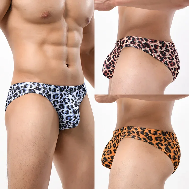 Men's Mid Waist Underwear Sexy Ice Silk Briefs Leopard Printed Breathable Underpants Male Soft Comfortable Panties Cueca Homme