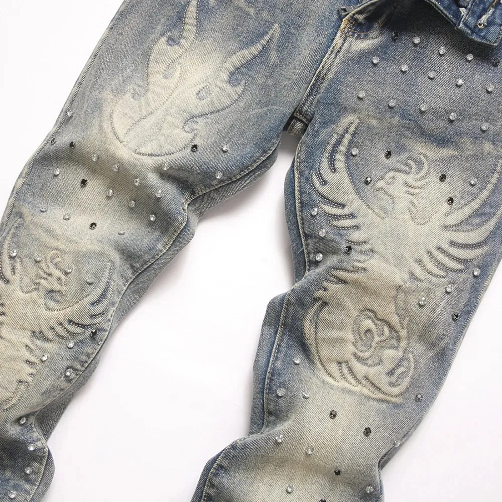 Men's Vintage Bootcut Denim Jeans Streetwear Embossed Totem Pattern Pants Retro Blue Stretch Spandex Slim Flared Trousers