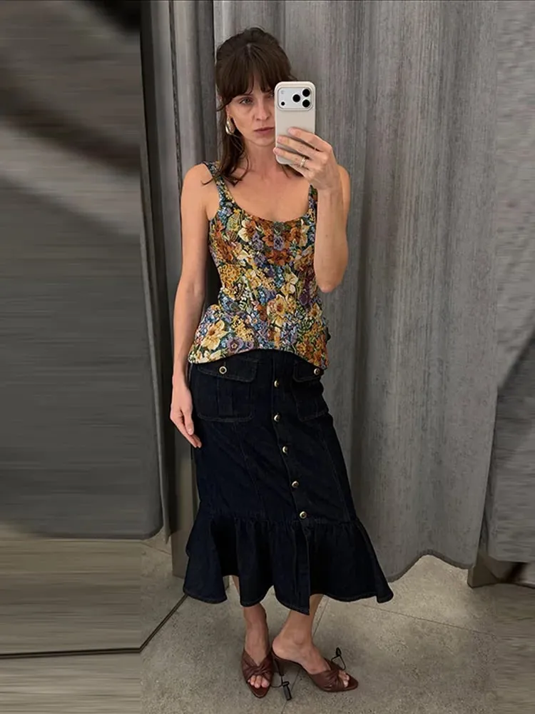 Vintage Floral U Neck Spaghetti Strap Corset Cami Top Curved Hem Fitted 2026 Summer Women Slim Tank Causla Versatlie Lady Top