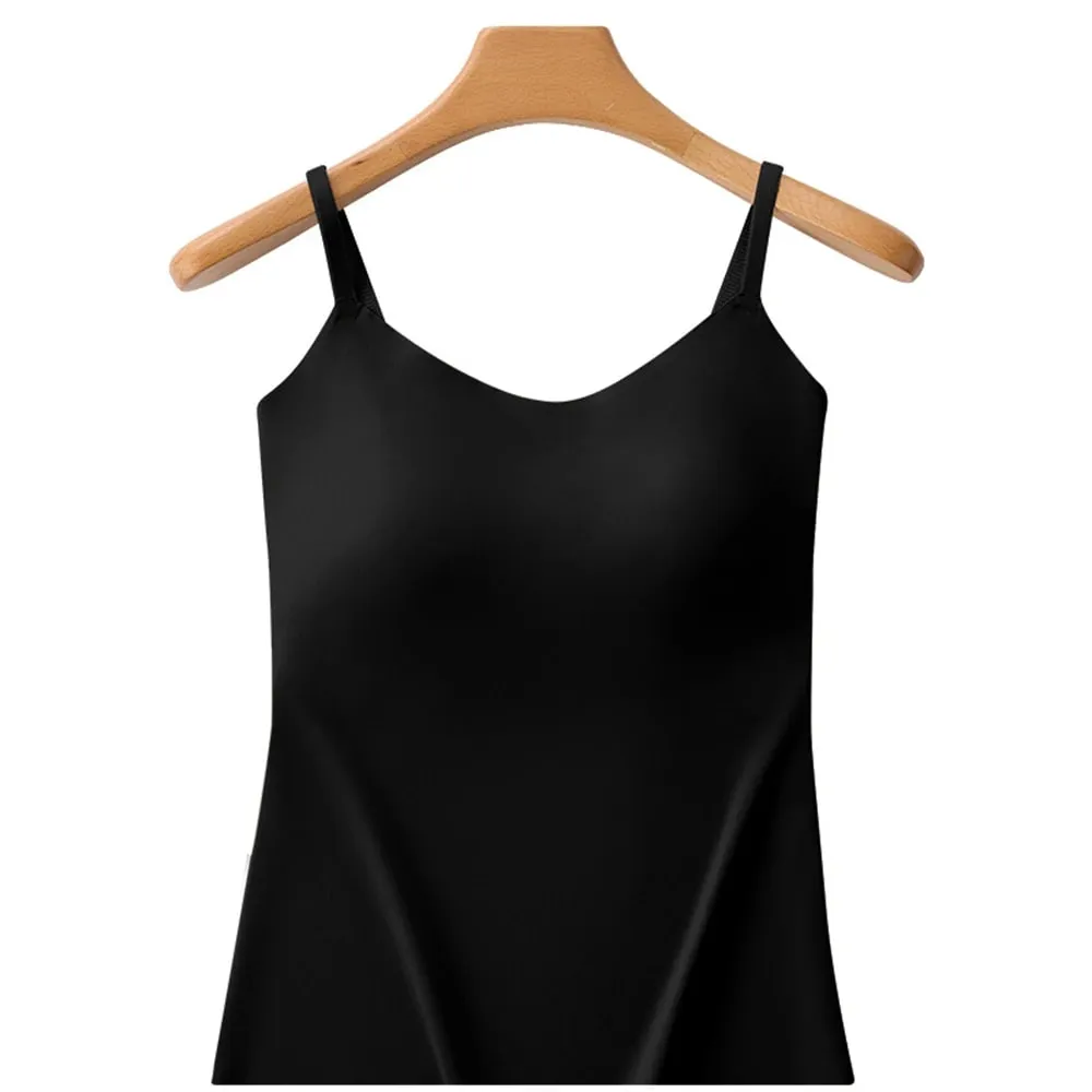 Built-in Bra Cami Tank Top Adjustable Spaghetti Strap U-Neck Padded Bust Support Shapewear Seamless Slim Undergarment Vest