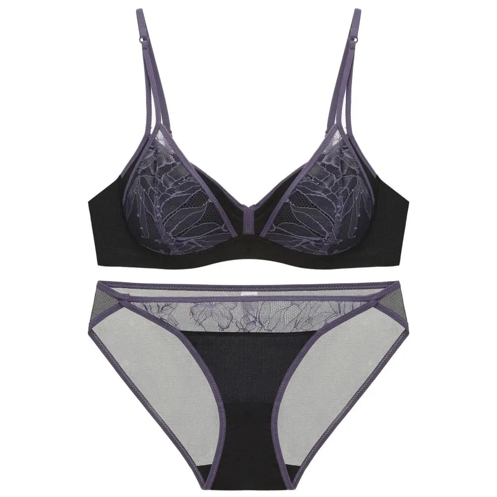 Women's Style Sexy Lingerie Set Thin Contrast Lace Patchwork Push-Up Wireless Bra with Double Shoulder Straps for Small Bust