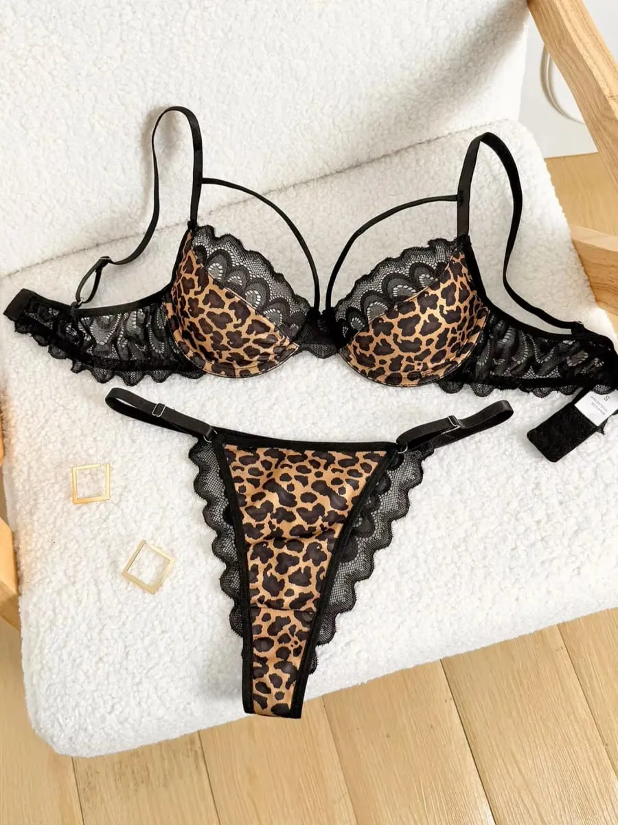 Wild Leopard Print Lingerie Set Strappy Cutout Scalloped Lace Underwire Bra 2 Pieces Boudoir Date Night Intimate Outfit