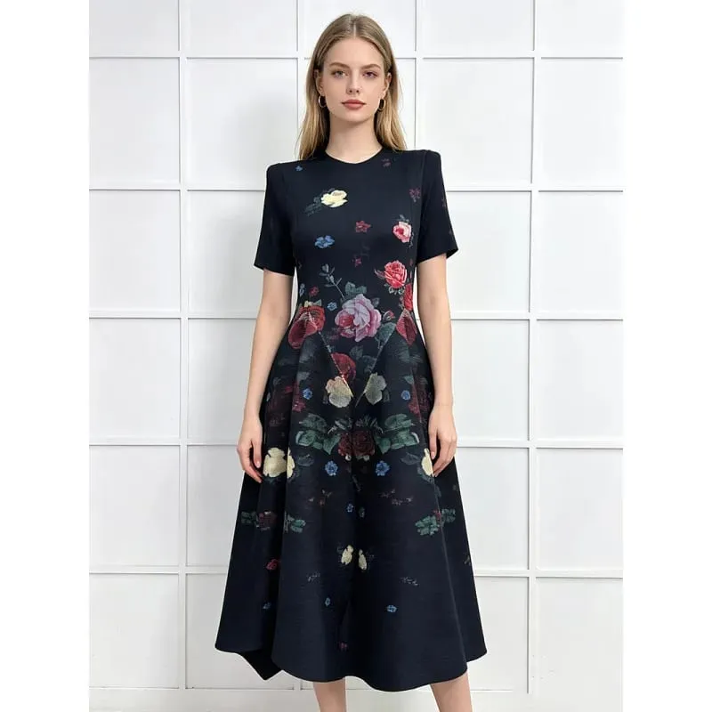 Miyake Pleated Geometric Print A-Line Dresses European New Short Sleeve Simple Elegant Commuter Plus Size Stretch Women's Dress