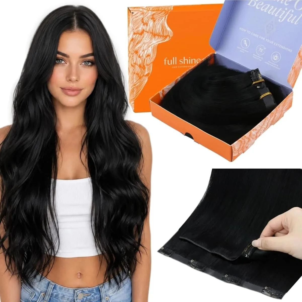 Full Shine 7 Pcs Genius Weft Clip In Hair Extensions Human Hair Seamless Invisible PU Weft Clip Ins For Women — image 8