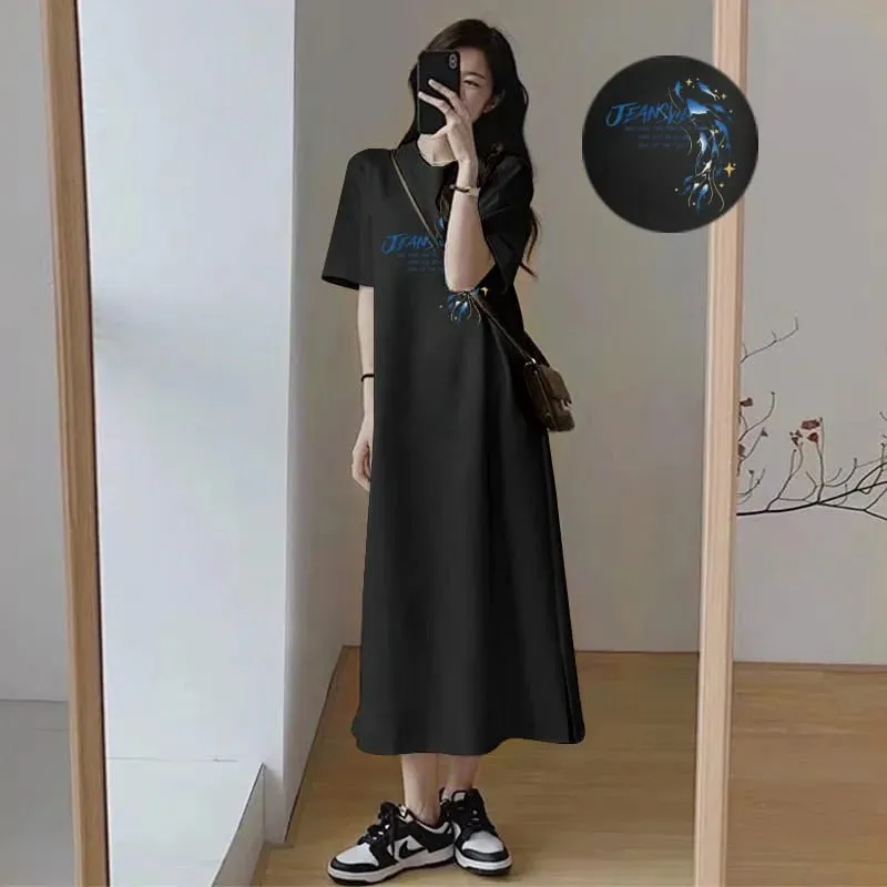 Korean Casual Maxi Tee Dress Blue Dolphin JEANS Letter Print White Loose Short Sleeve Long T-shirt Dress — image 5