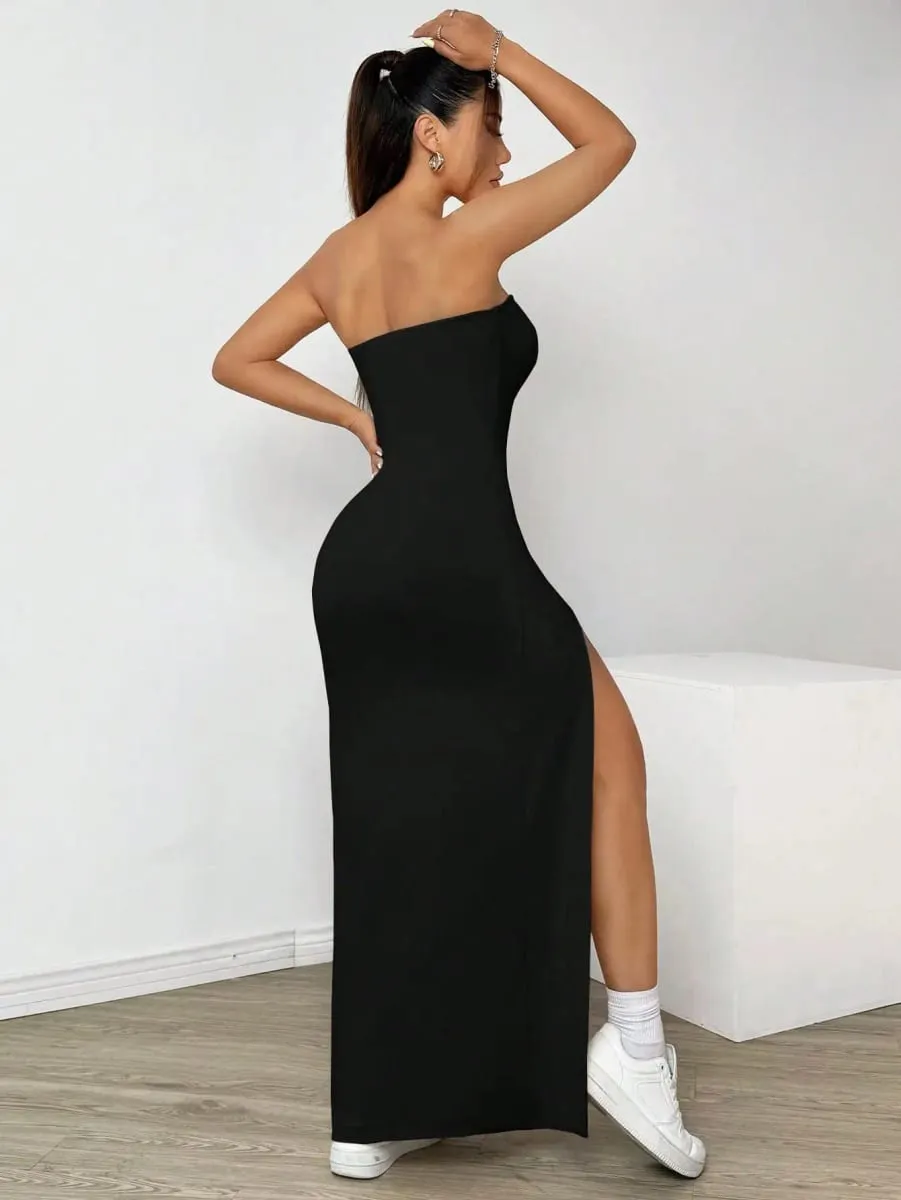 Women Strapless Tube Top Midi Bodycon Dress High Side Slit Solid Black Sleeveless Slim Fit Evening Party Long Dress