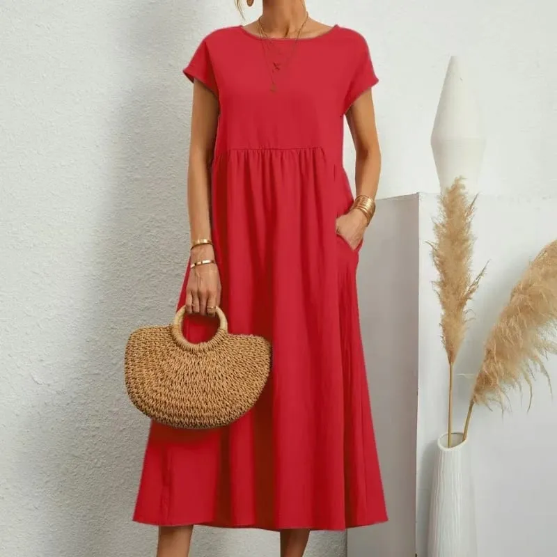 Premium Elegant Solid Cotton Linen Dress Summer Midi with Pockets Loose Fit Casual Crew Neck Short Sleeve for Beach Travel — image 12
