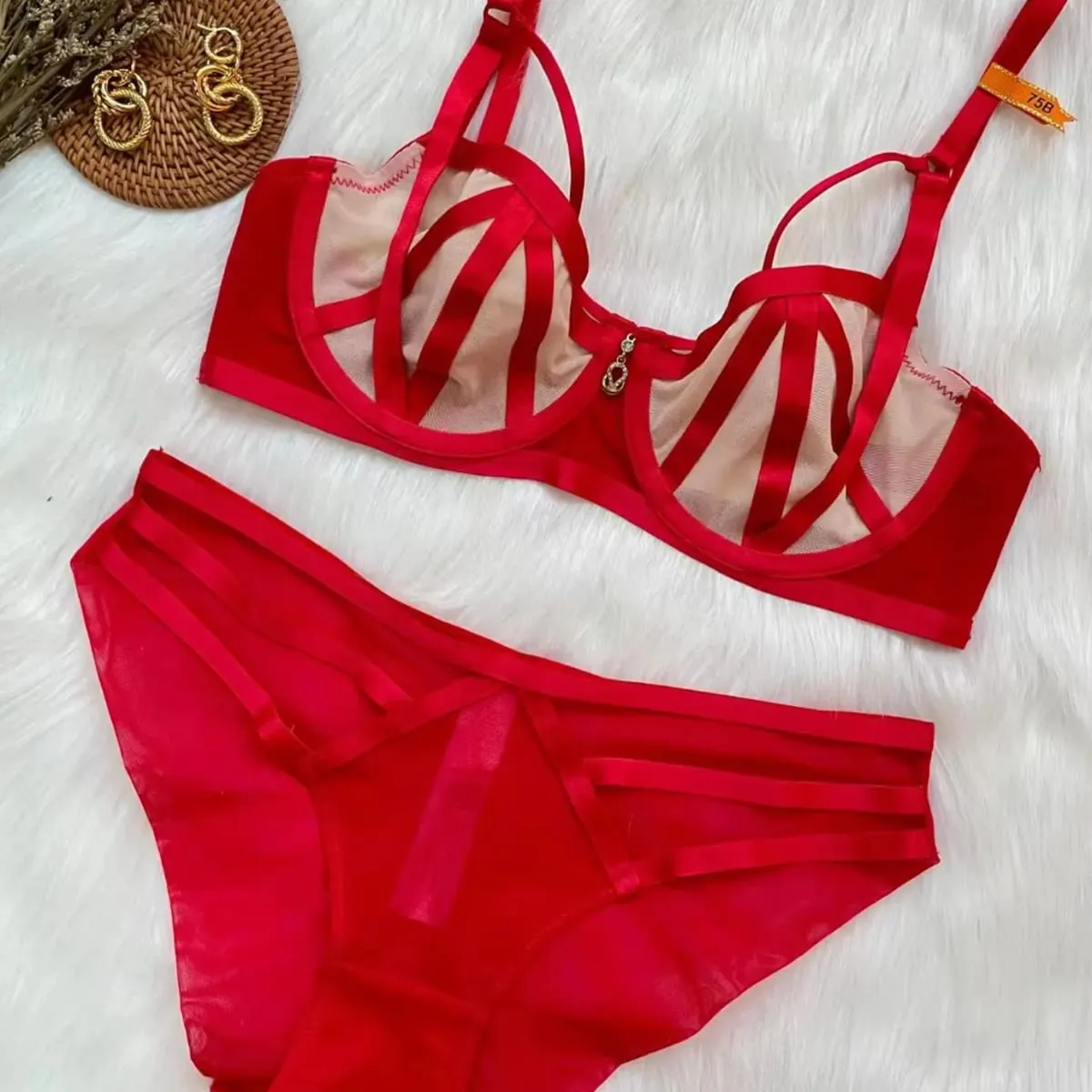 Women Strappy Mesh Lingerie Set Underwire Bra Panty Set Metal Pendant Sheer Intimate Underwear For Women Daily Nightwear — image 1