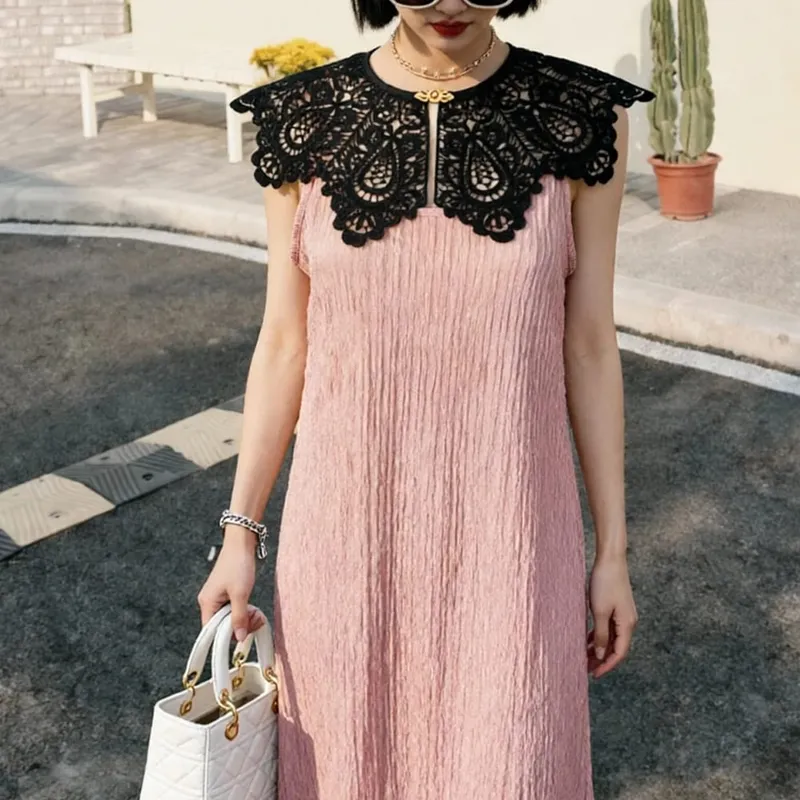 Pleated Sleeveless Elastic Long Dresses Women Vintage Palace Style Womens Black White Doll Fake Collar Soft Midi Dress Clothing — image 9