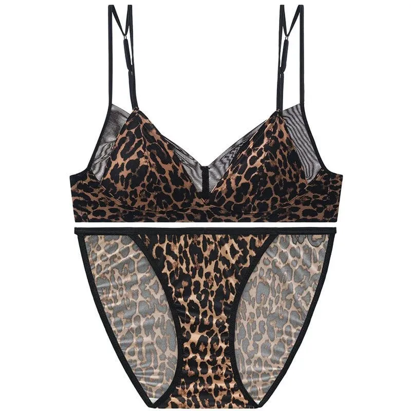 Premium Sexy Leopard Lingerie Kit Wireless Thin French Triangle Cup Comfy Nude Shaping Women Summer Daily Underclothes M-XL Bra