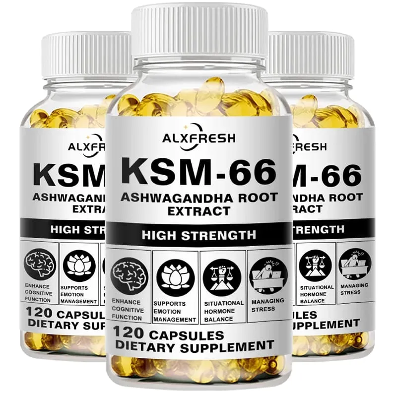 Natural Organic Ashwagandha KSM-66 Supplements Capsules for Stress Relief Focus Brain Energy Support Sleep Health Supplement