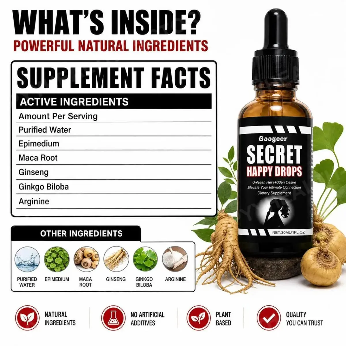 Googeer Secret Happy Drops Oral Drops Herbal Epimedium Maca Root Ginseng Ginkgo Biloba Support Blood Circulation Intimacy 30 ML