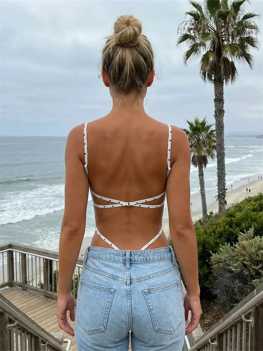 Women's Backless Sleeveless Bodysuits Stylish Dots Print Tank Romper Spaghetti Strap Sexy Club Summer Body Top Shirts
