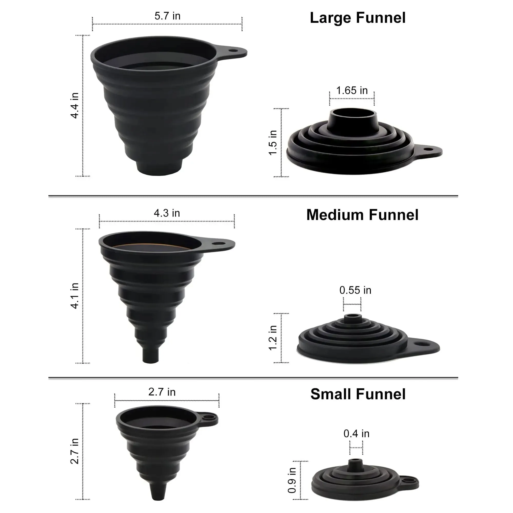 3 Pcs Kitchen Funnel Set Silicone Collapsible Funnel for Kitchen Use Filling Bottles Canning Cooking and Water Powder Transfer