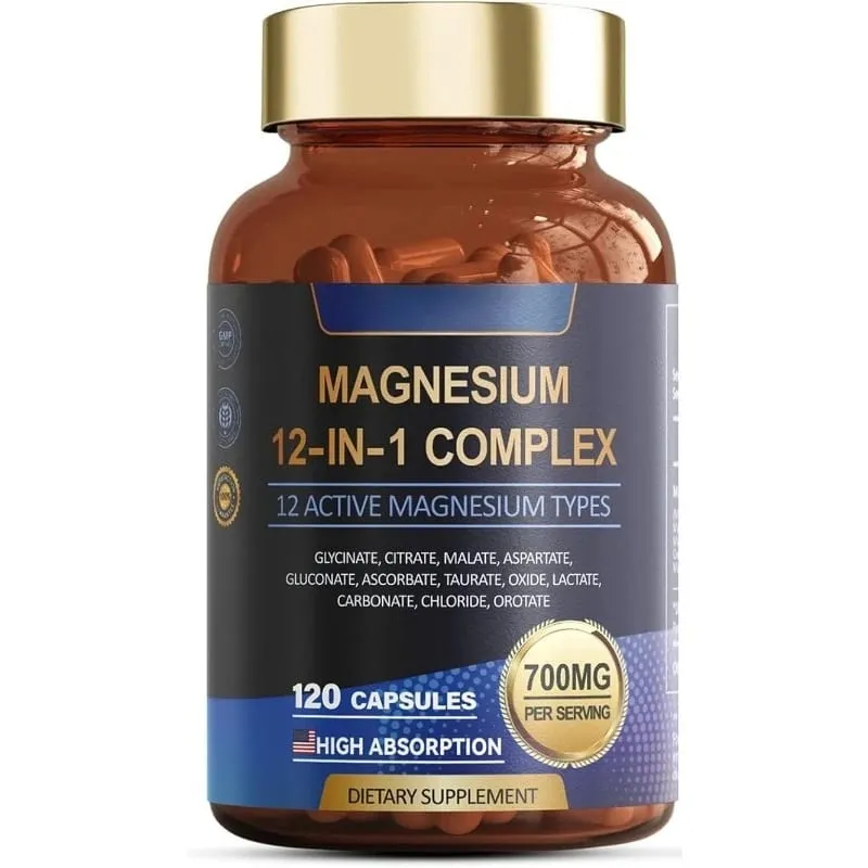 Cápsula de magnésio contém citrato de glicinato e aspartato, etc., suplemento complexo, relaxamento muscular, suporte à saúde do coração, contagem de 120
