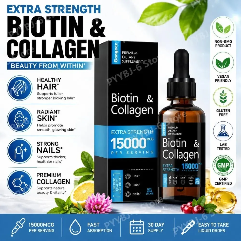 Googeer Biotin Collagen Drops 15000 Mcg Per Serving 30ml 1 Fl Oz Bottle with Ginseng and Licorice Extracts Supports Hair Care