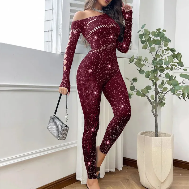 Kvinder Sexet Mesh Rhinestone Jumpsuit Langærmet Se Through High Stretch Body Strømper Jumpsuit Club Plus Size Stock Lingeri — image 11