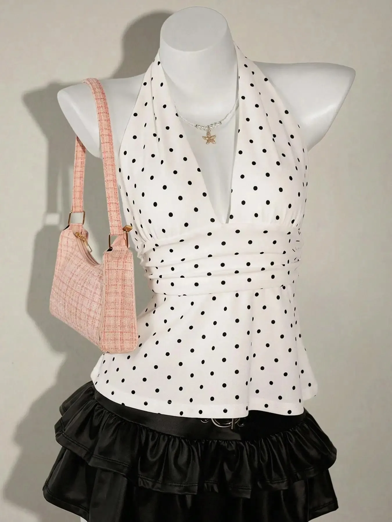 Ladies Polka Dot Backless Strap Top with Waist Pleating Design Adjustable Neck Strap Backless Strap Ladies Shirt