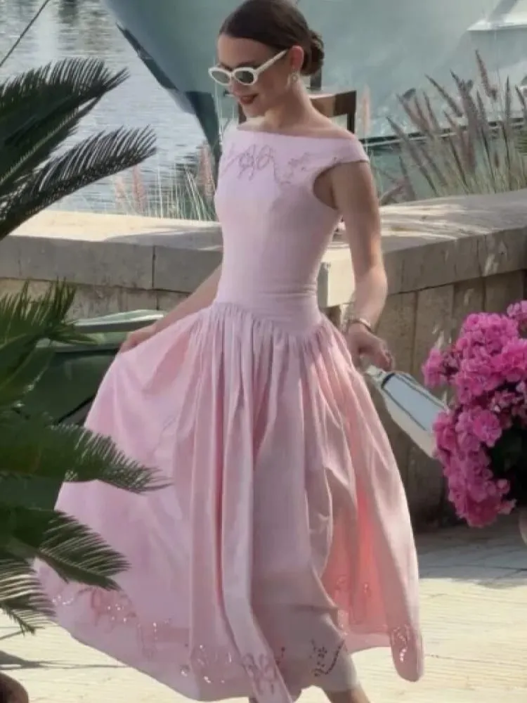 Chic Vintage White Boat Neck Dress Embroidered Cap Sleeve Cutwork Hem High Waist Flowy A-line Gown 2026 New Evening Party Outfit