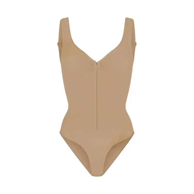 Fashion Solid Sleeveless Bodysuit For Women Elegant V-neck Zipper Slim Stretchy Tops Lady 2026 Spring Summer Chic Party Tank Top — image 1