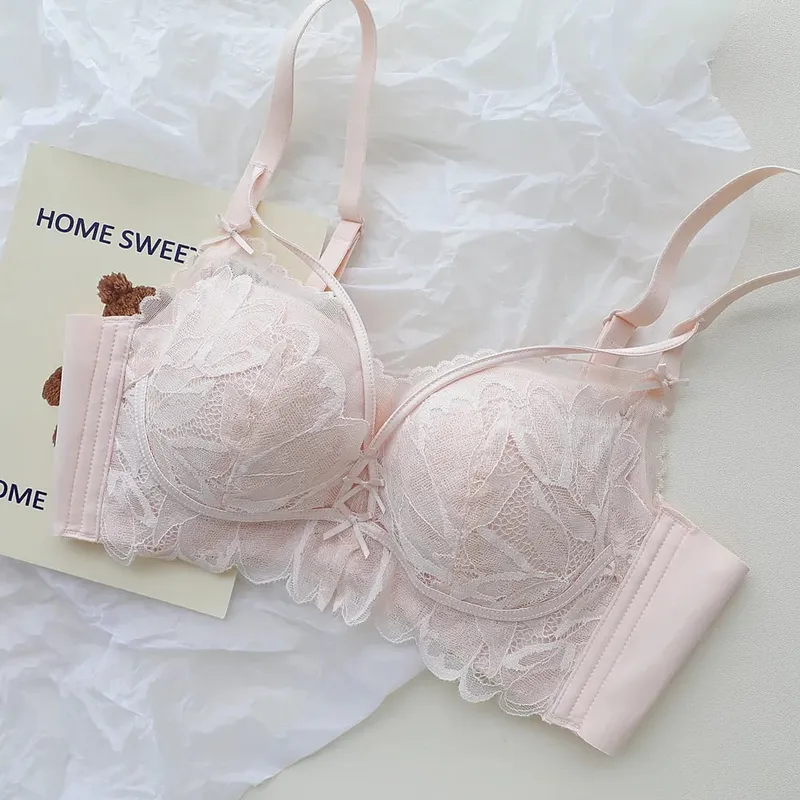 Thin Cup Full Lace Lingerie Set 32-38 AB French Wireless Bra Lift Anti Sag Push Up Design for Small Bust Sensual Ladies