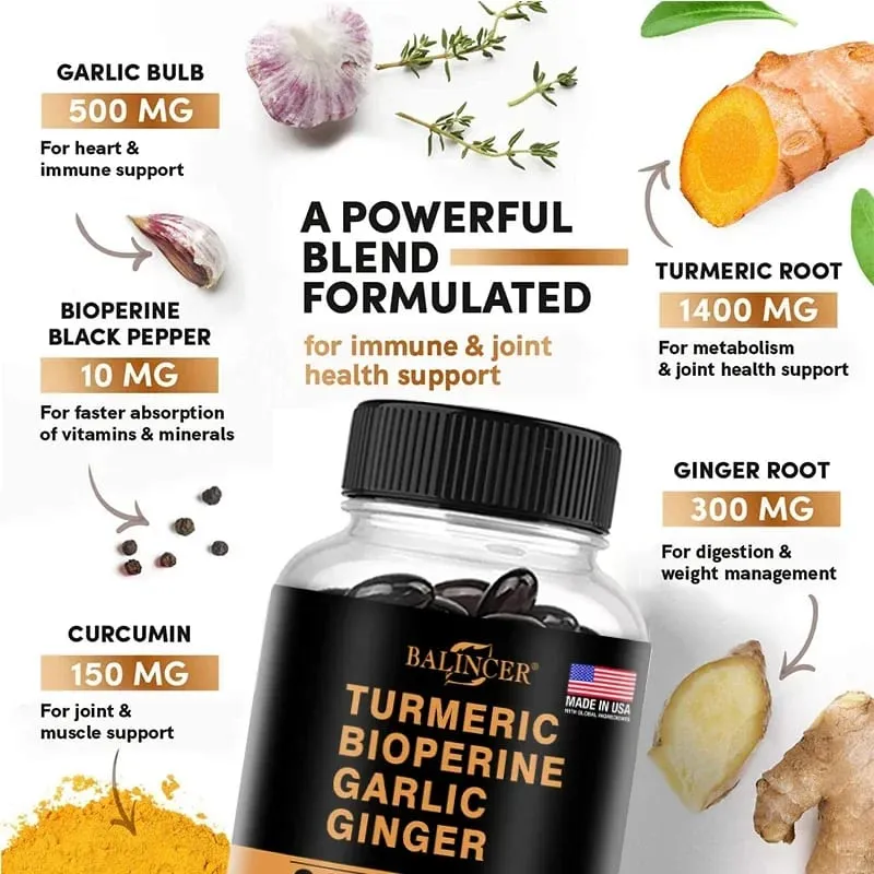 4-in-1 Turmeric Ginger Supplement with Pepperin 2360 Mg with Garlic Curcumin Black Pepper for Joint Digestive & Immune Support