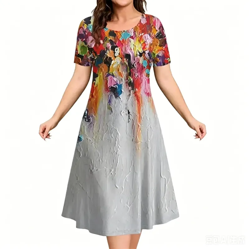 2026 New Women Dresses 3D Flowers Pattern Print Short Sleeve Loose Dress Casual Fashion A-Line Dress Summer Plus Size Dresses