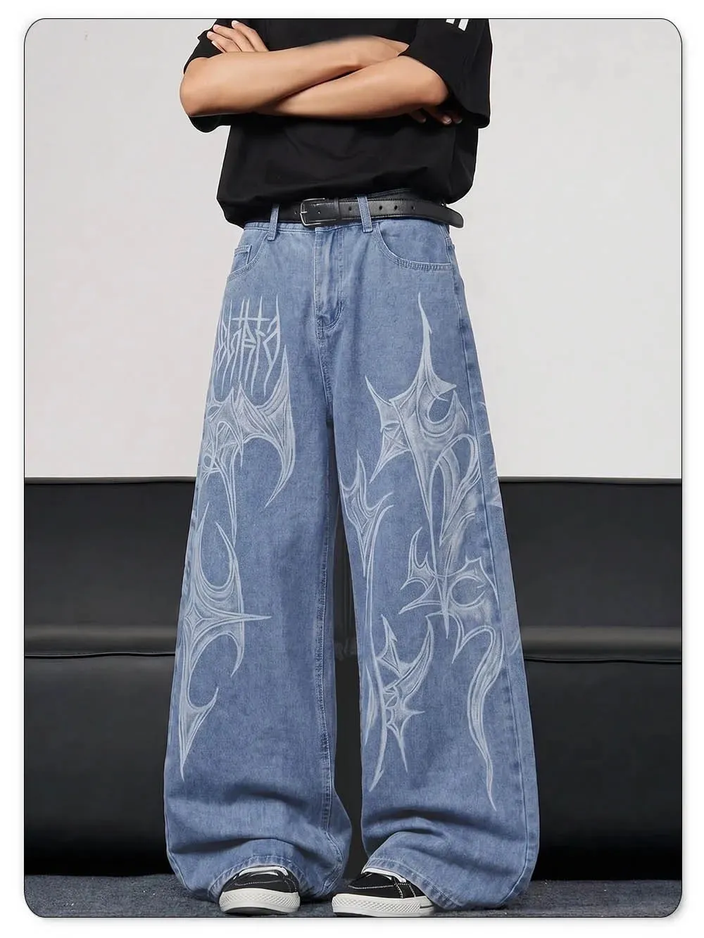Men's Casual Spiral Graffiti Print Hip Hop Oversized Baggy Wide Leg Jeans Trendy Casual Slop Lazy Street Daily Denim Pants — image 3