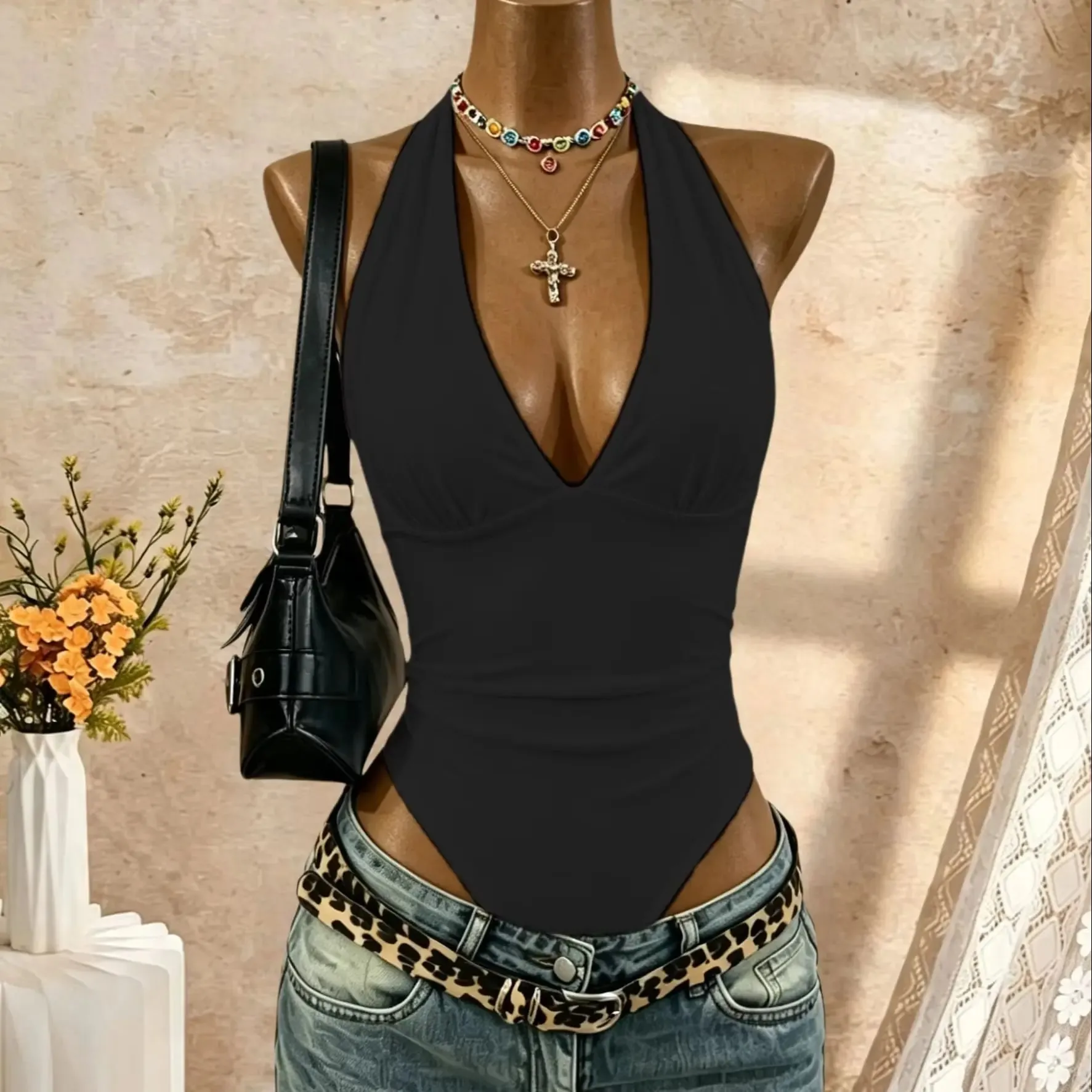 Women Halter Deep V Neck Ruched Slim Fit High Cut Bodysuit 2026 Summer Y2K Streetwear Sleeveless Tank Top — image 8