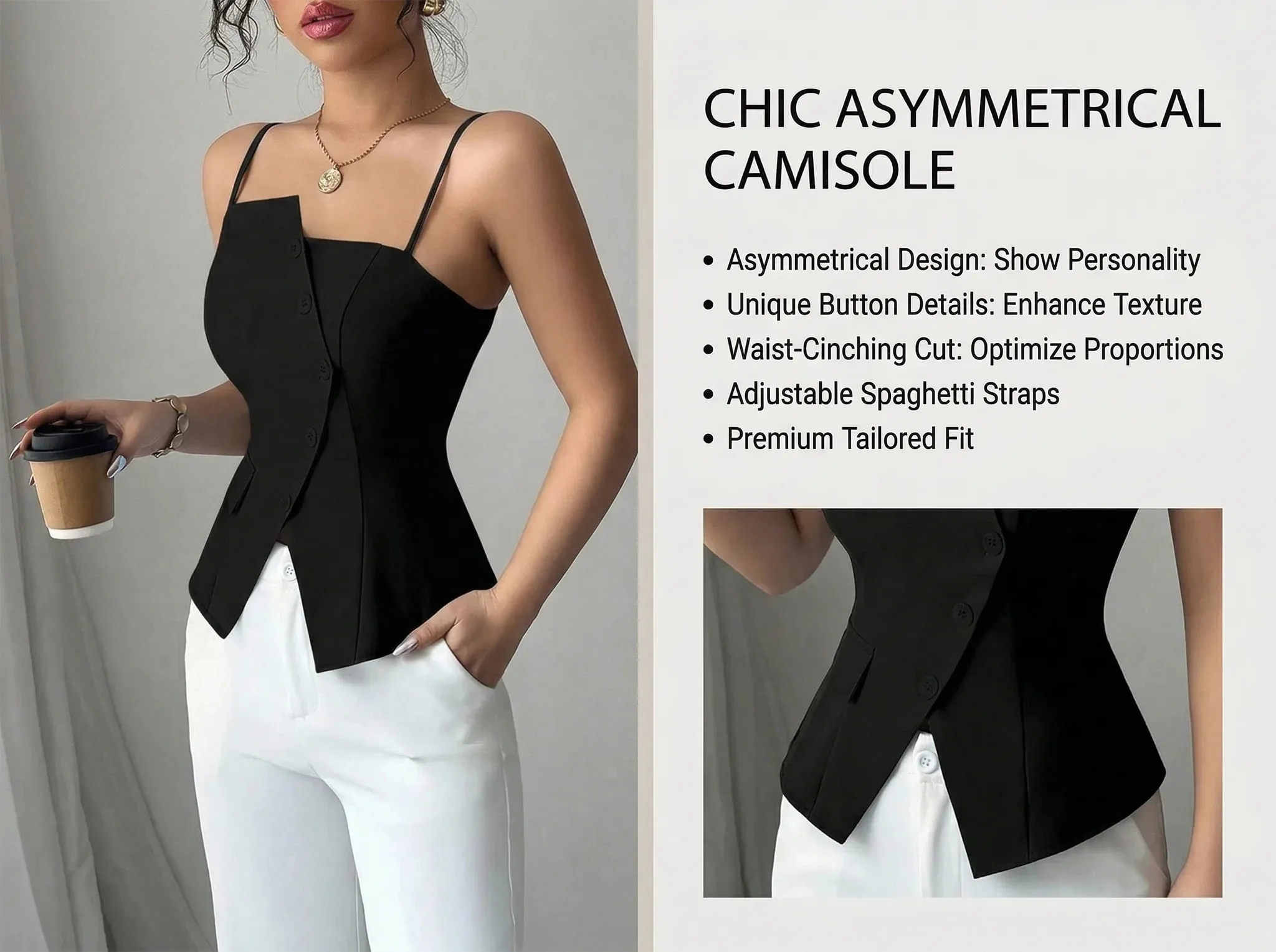 Womens Cami Top Thin Strap Asymmetric Button Cami Top Button Blazer Vest Fit Elegant Chic Apparel Tops Spring Summer Daily Shirt