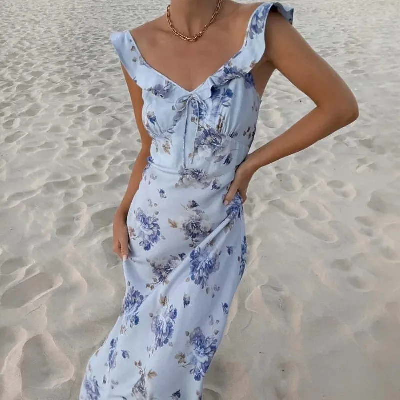 Summer Flower Printed Women's Sexy Low-cut Sleeveless Backless Slim Sling Ruffles Dresses 2026 Beach Vacation Lady Vestidos