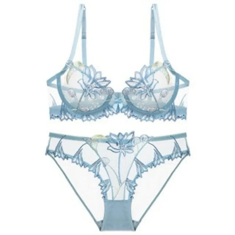 Sexy Lace Flowers Embroidery Bra Set Ultra Thin Breathable Steel Ring Bralette Lingerie French Underwear Set70-90 B C D — image 7