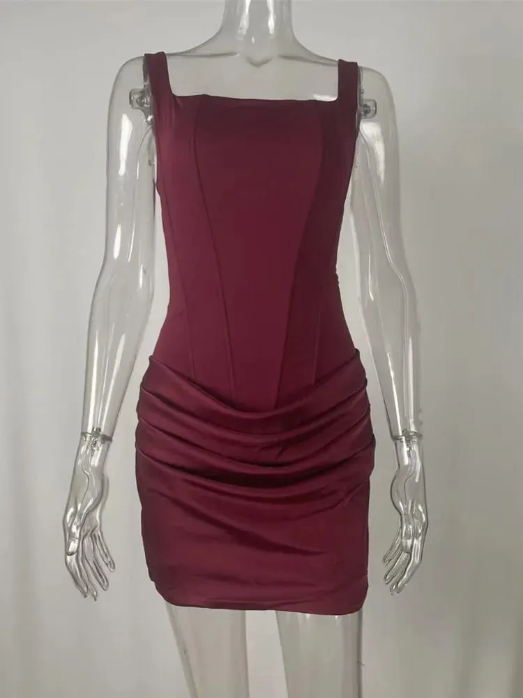 Mozision Backless Ruched Sexy Mini Dress Women Elegant Tapered Straps Square Collar Sleeveless High Waist Club Party Dress