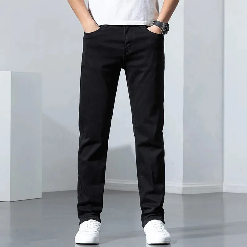 2026 Summer Spring New Men's Pure Black Slim Jeans Elastic Straight Pants BusinessLeisure Korean Vintage Denim Pants Male
