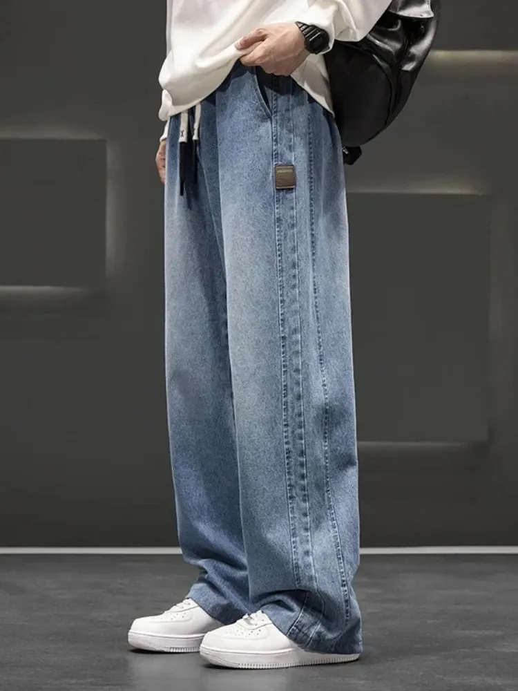 Spring New Wide Jeans Men Straight Vintage Drawstring Trousers Loose Pants Casual Solid Color Fashion Pants Big Size