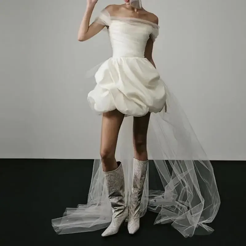 Neue elegante, leichte Brautkleider für Frauen, weißes, sexy Braut-Minikleid mit Netzstoff, Braut-Luxus-Party-Vestidos