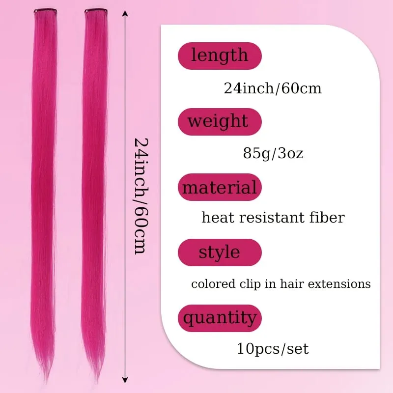 10Pcs Pink Clip in Hair Extensions Party Highlights Wig Synthetic Colored Straight Hairpiece for Girls Kids Christmas Party Use