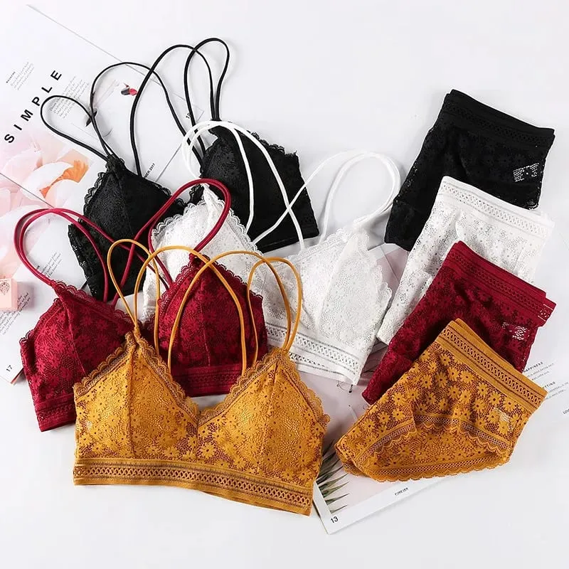 Women's Lace Lingerie Set Cross Shoulder Strap Without Steel Ring Bra Comfortable Support Underwear With Gathering Design — image 3