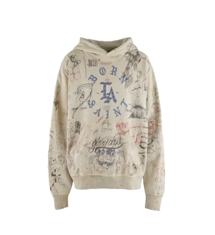 24FW SAINT Vintage Angel Printed Distressed Women Men Hooded Sweatshirt Hoodies Oversized Men Casual Cotton Pullover Hoodie