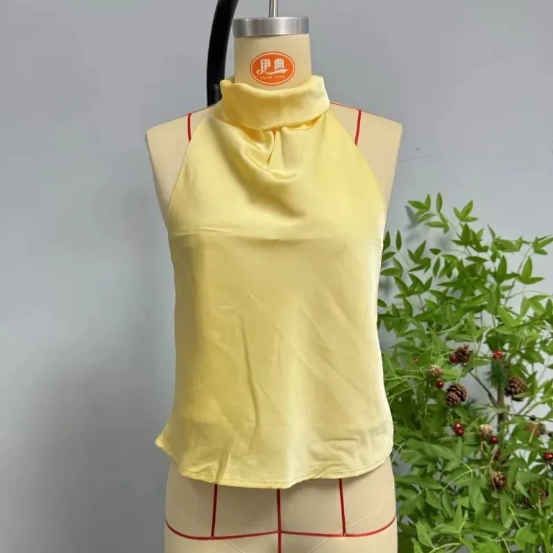 Women's Satin Halter Neck Sleeveless Top Summer Elegant Draped Collar Blouse Smooth Chic Office Party Wear Evening Outings