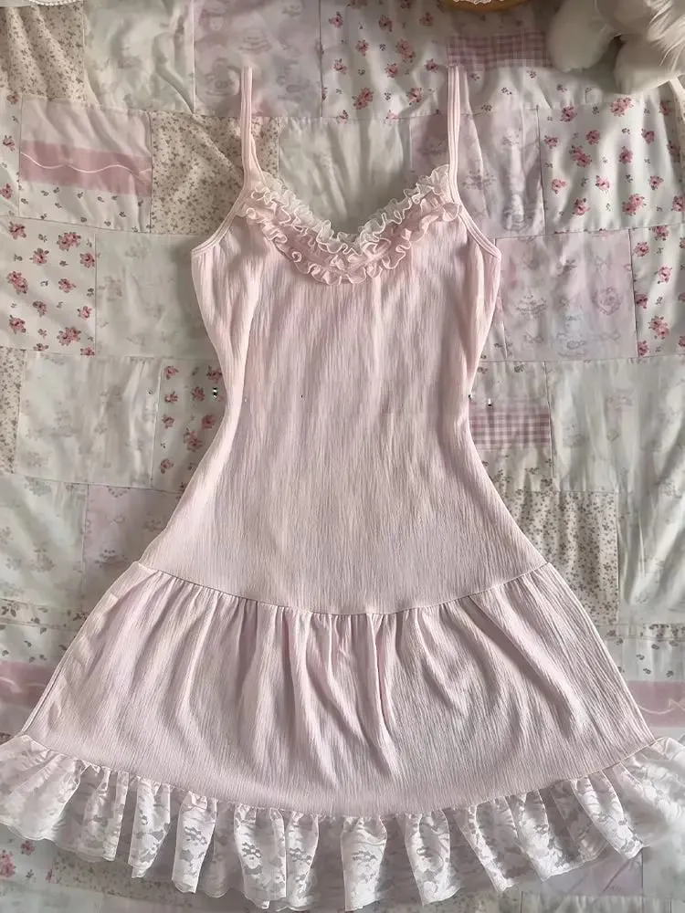 Pakaian Perca Renda Vintaj Y2K Wanita Set Dua Keping Kardigan Retro Elegan Musim Panas + Pakaian Mini Ramping Tanpa Lengan Fesyen Manis