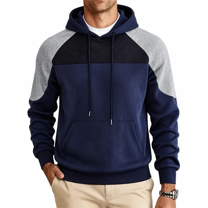 Autumn Winter Men Color Block Raglan Hoodie Textured Chest Panel Drawstring Kangaroo Pocket Loose Casual Streetwear Sweatshirt