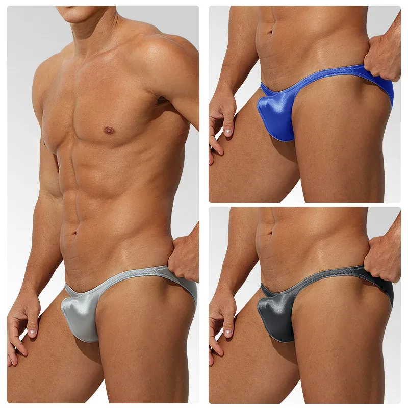Cintura baixa gelo seda cetim roupa interior masculina apertado ajuste esporte stylejj impulsionando luxo sensual briefs juventude náilon elastano